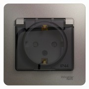 Glossa РОЗЕТКА с заземлением  со шторками с крышкой,IP44,16А, 250В, в сборе,ПЛАТИНА, GSL001248, Systeme Electric 