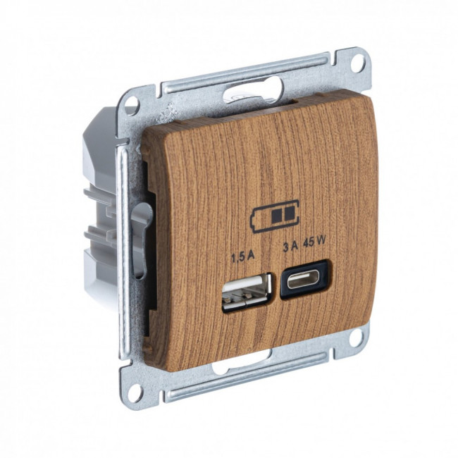 Glossa USB РОЗЕТКА А + тип-С 45Вт высокоскоростная зарядка QC, PD, механизм, ДЕРЕВО ДУБ, GSL000529, Systeme Electric 