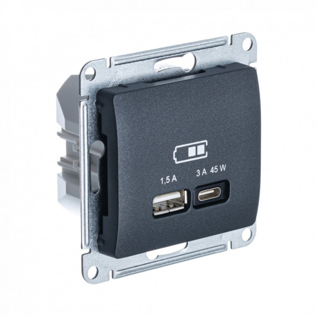 Glossa USB РОЗЕТКА А + тип-С 45Вт высокоскоростная зарядка QC, PD, механизм, АНТРАЦИТ, GSL000729, Systeme Electric 