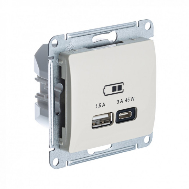 Glossa USB РОЗЕТКА А + тип-С 45Вт высокоскоростная зарядка QC, PD, механизм, МОЛОЧНЫЙ, GSL000929, Systeme Electric 