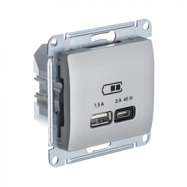 Glossa USB РОЗЕТКА А + тип-С 45Вт высокоскоростная зарядка QC, PD, механизм, ПЛАТИНА, GSL001229, Systeme Electric 