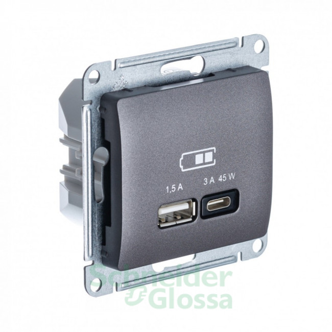 Glossa USB РОЗЕТКА А + тип-С 45Вт высокоскоростная зарядка QC, PD, механизм, ГРАФИТ, GSL001329, Systeme Electric 
