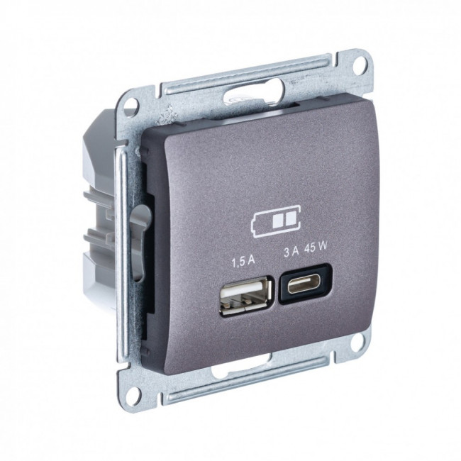 Glossa USB РОЗЕТКА А + тип-С 45Вт высокоскоростная зарядка QC, PD, мех., СИРЕН.ТУМАН, GSL001429, Systeme Electric 