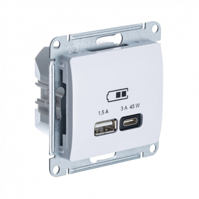 Glossa USB РОЗЕТКА А + тип-С 45Вт высокоскорост. зарядка QC, PD, механизм, БЕЛЫЙ, GSL000129, Systeme Electric 