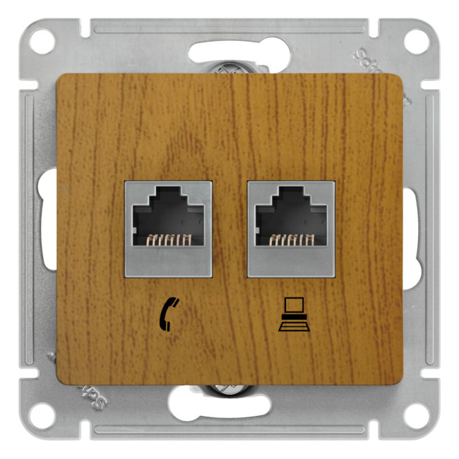 Glossa РОЗЕТКА двойная RJ11+RJ45, кат.5Е, механизм, ДЕРЕВО ДУБ, GSL000585, Systeme Electric 