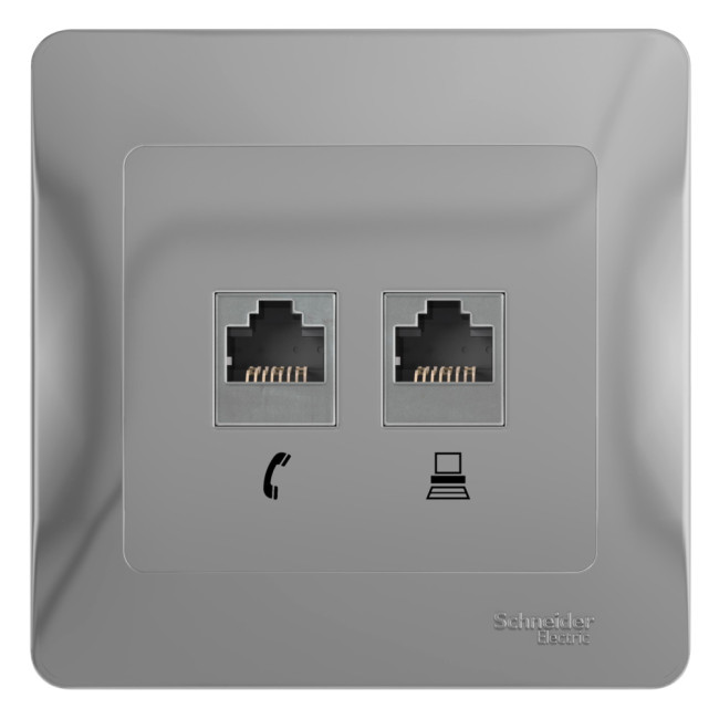 Glossa РОЗЕТКА двойная RJ11+RJ45, кат.5Е, механизм, АЛЮМИНИЙ, GSL000385, Systeme Electric 