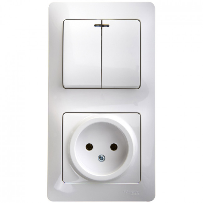 Glossa БЛОК: РОЗЕТКА + 2-клавишный ВЫКЛЮЧАТЕЛЬ с подсветкой БЕЛЫЙ, GSL000173, Systeme Electric 